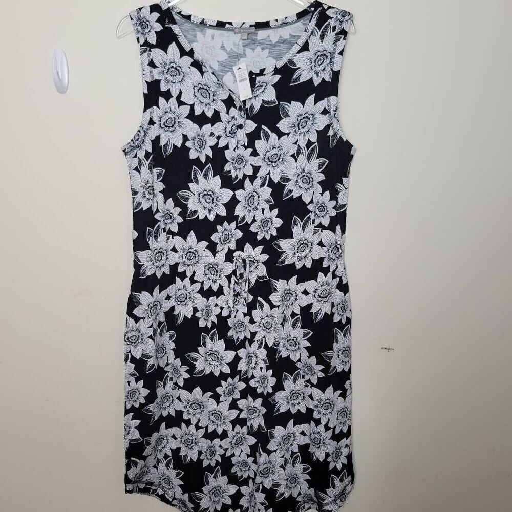 Talbots Sleeveless Front Tie Midi Dress with 2 Side Pockets Black & White Floral